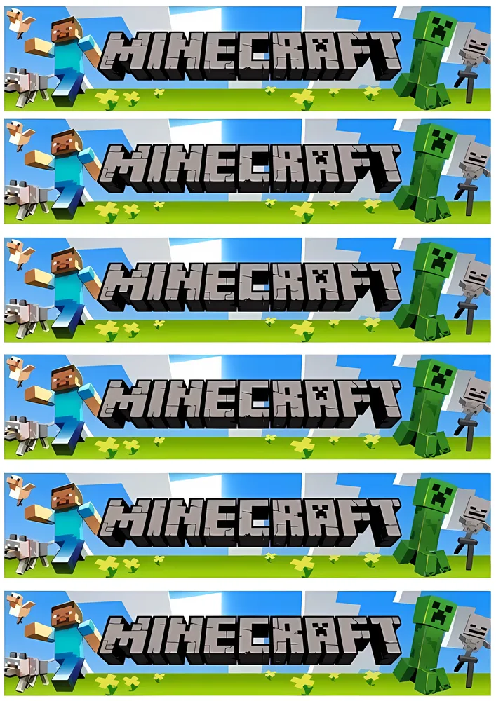 Minecraft – proužky na boky dortu s logem a postavami – jedlý papír na hranatý dort – jedlý obrázek na dort