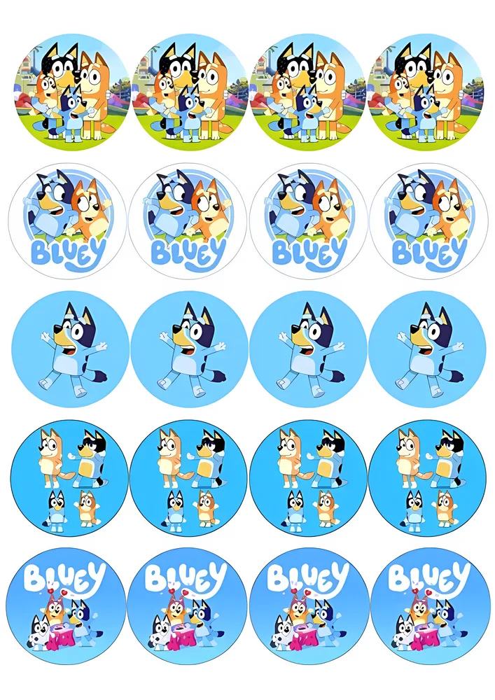 Bluey – kolečka na muffiny s rodinkou – jedlý papír na hranatý dort – jedlý obrázek na dort