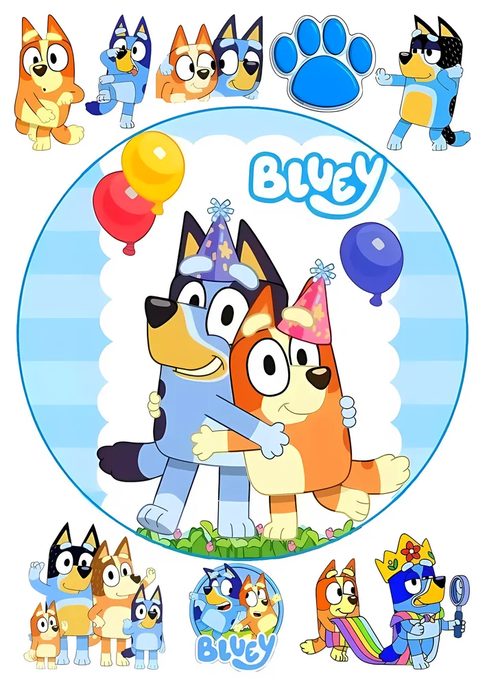 Bluey – Bluey a Bingo s balónky a postavičky – jedlý papír na hranatý dort – jedlý obrázek na dort