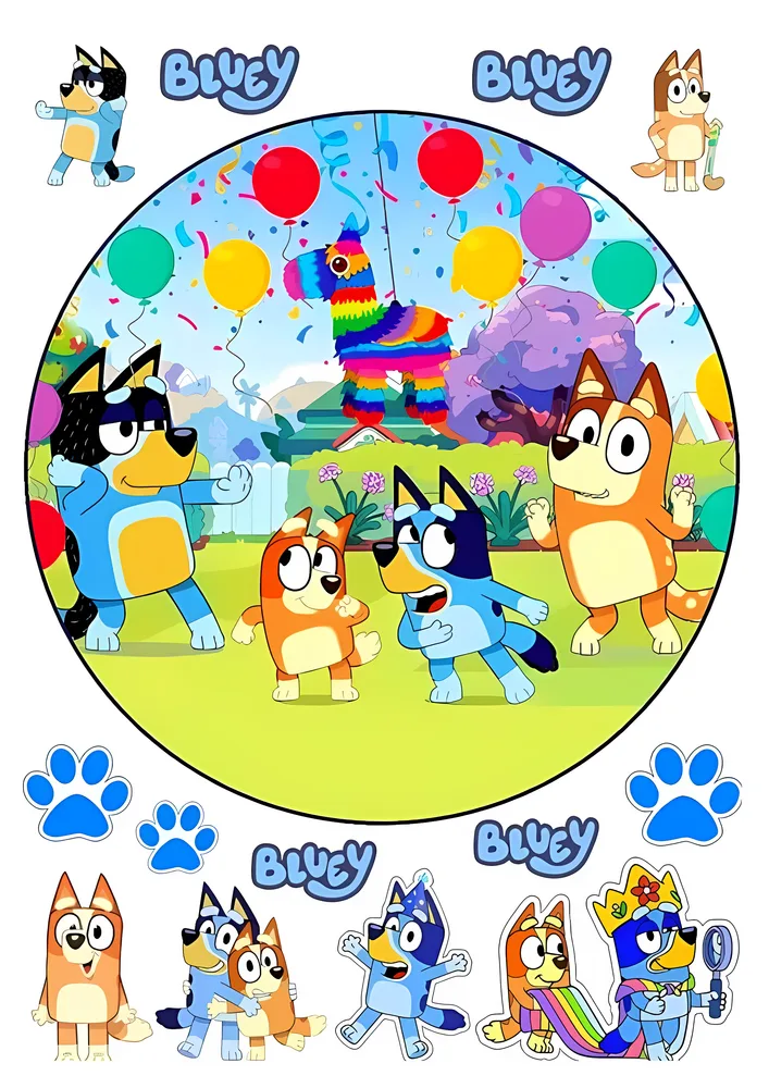 Bluey – rodinka na zahradní oslavě s piňatou – jedlý papír na hranatý dort – jedlý obrázek na dort