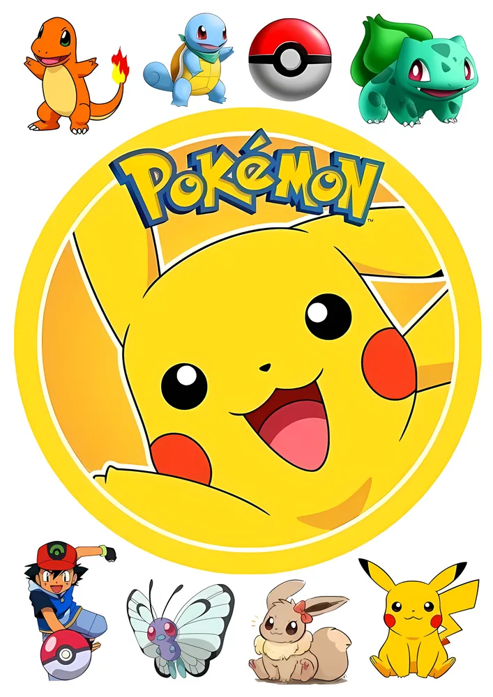 Pokémon – Pikachu v kruhu a postavičky – jedlý papír na hranatý dort – jedlý obrázek na dort