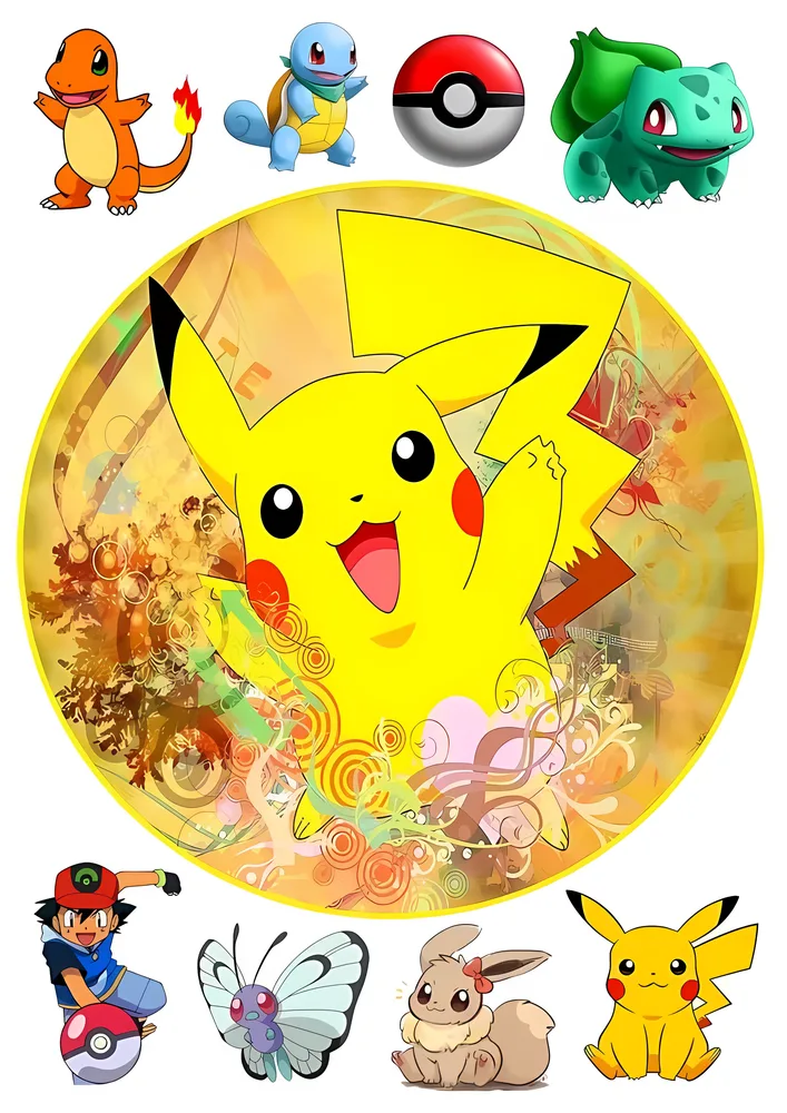 Pokémon – Pikachu s přáteli a Pokéballem – jedlý papír na hranatý dort – jedlý obrázek na dort