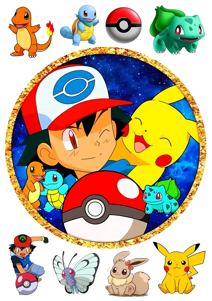 Pokémon – Ash Ketchum a Pikachu s Pokébally – jedlý papír na hranatý dort – jedlý obrázek na dort