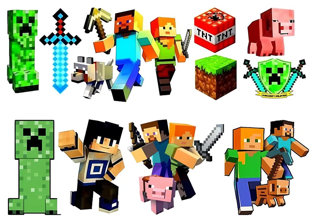 Minecraft – Steve, Alex, Creeper a postavičky k vystřižení – jedlý papír na hranatý dort – jedlý obrázek na dort