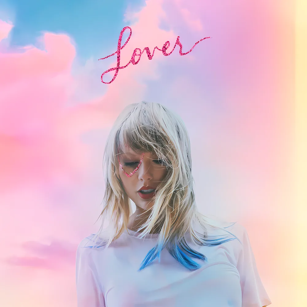 Taylor Swift – album Lover s růžovým nápisem – jedlý obrázek na dort – jedlý obrázek na dort