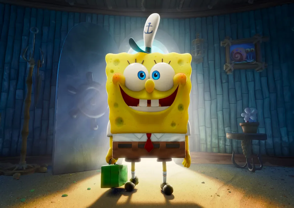 Spongebob – 3D usměvavý s kufříkem – jedlý papír na hranatý dort – jedlý obrázek na dort