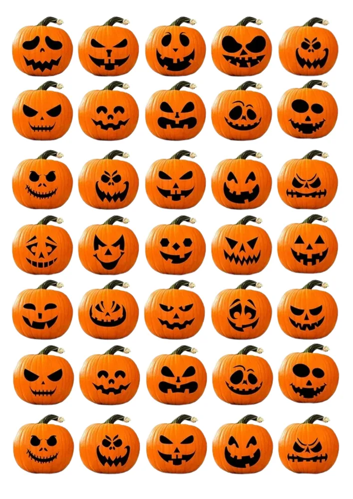 Halloween – oranžové dýně s různými obličeji – jedlý papír na hranatý dort – jedlý obrázek na dort