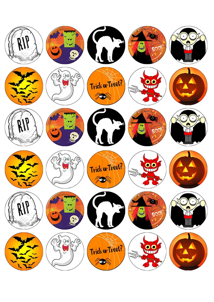 Halloween – strašidelná kolečka 3,5cm – jedlý papír na hranatý dort – jedlý obrázek na dort
