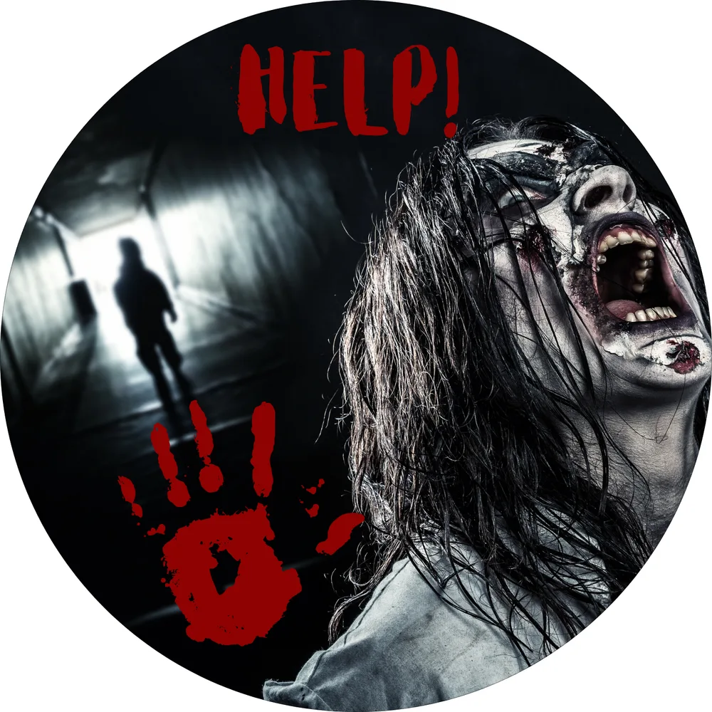 Horor – Křičící zombie a krvavý nápis Help! – jedlý obrázek na dort – jedlý obrázek na dort