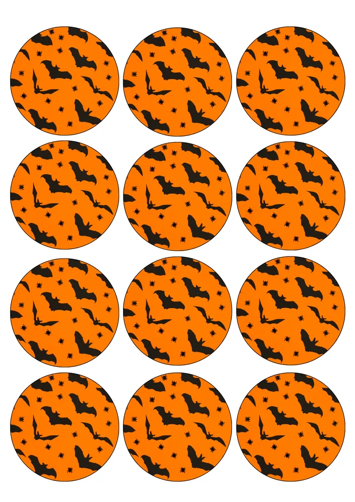 Halloween – netopýři a pavouci na oranžovém měsíci – jedlý papír na hranatý dort – jedlý obrázek na dort