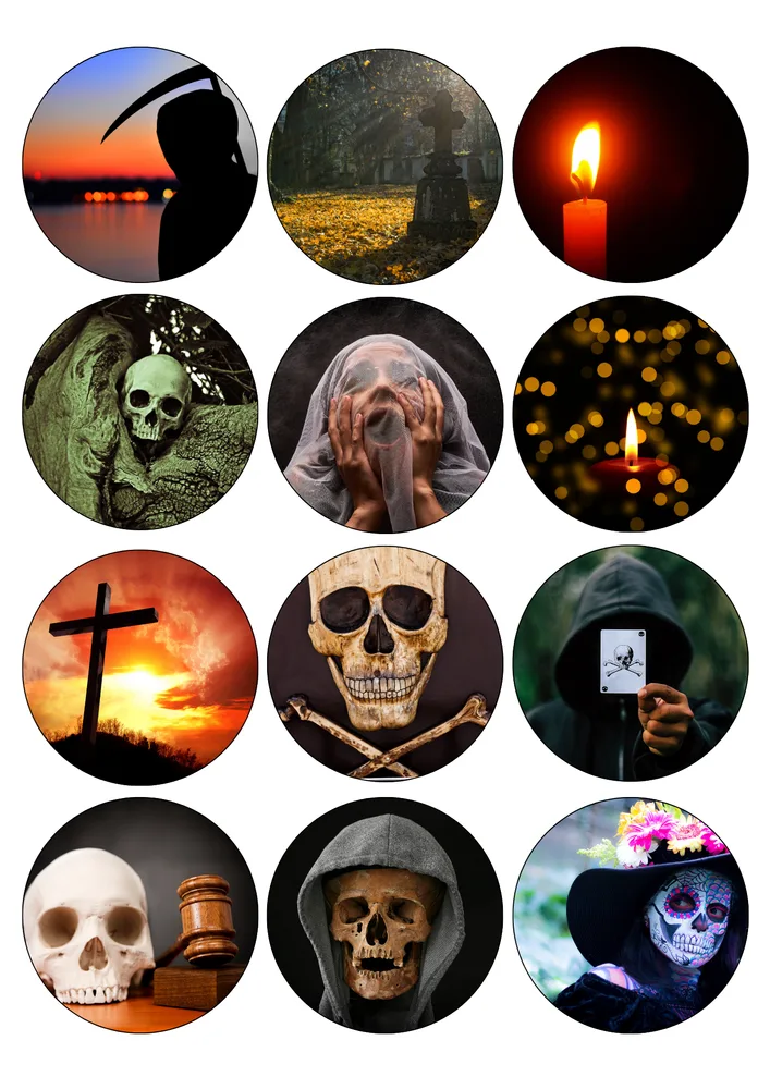 Horor a Halloween – lebky, smrtka a hřbitov – jedlý papír na hranatý dort – jedlý obrázek na dort