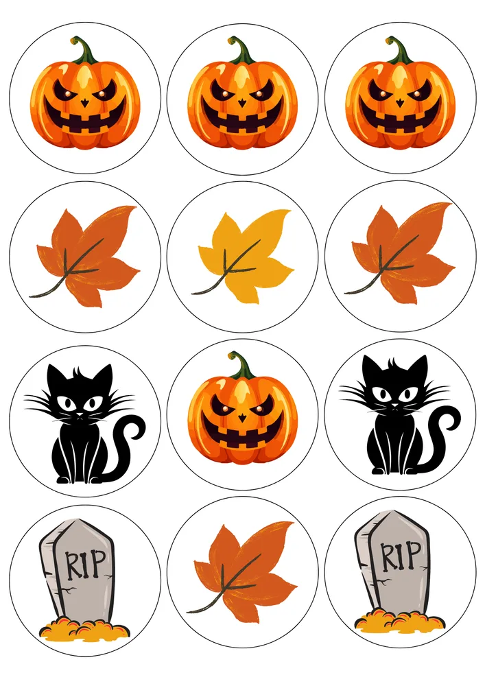 Halloween – dýně, černé kočky a náhrobky na muffiny – jedlý papír na hranatý dort – jedlý obrázek na dort