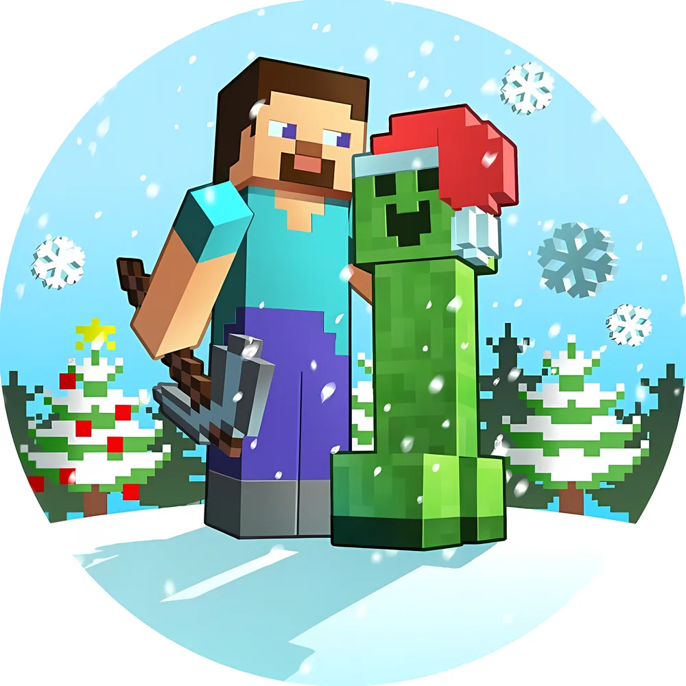 Minecraft – Steve a Creeper v zimní čepici – jedlý obrázek na dort – jedlý obrázek na dort
