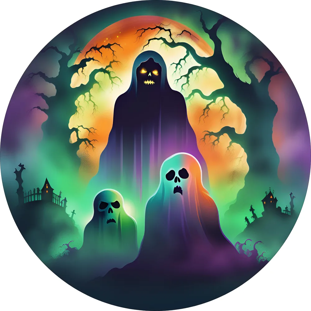 Halloween – strašidla a duchové v měsíčním svitu – jedlý obrázek na dort – jedlý obrázek na dort