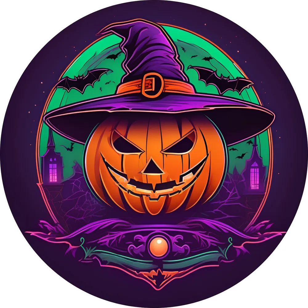 Halloween – dýně s čarodějnickým kloboukem a netopýři – jedlý obrázek na dort – jedlý obrázek na dort