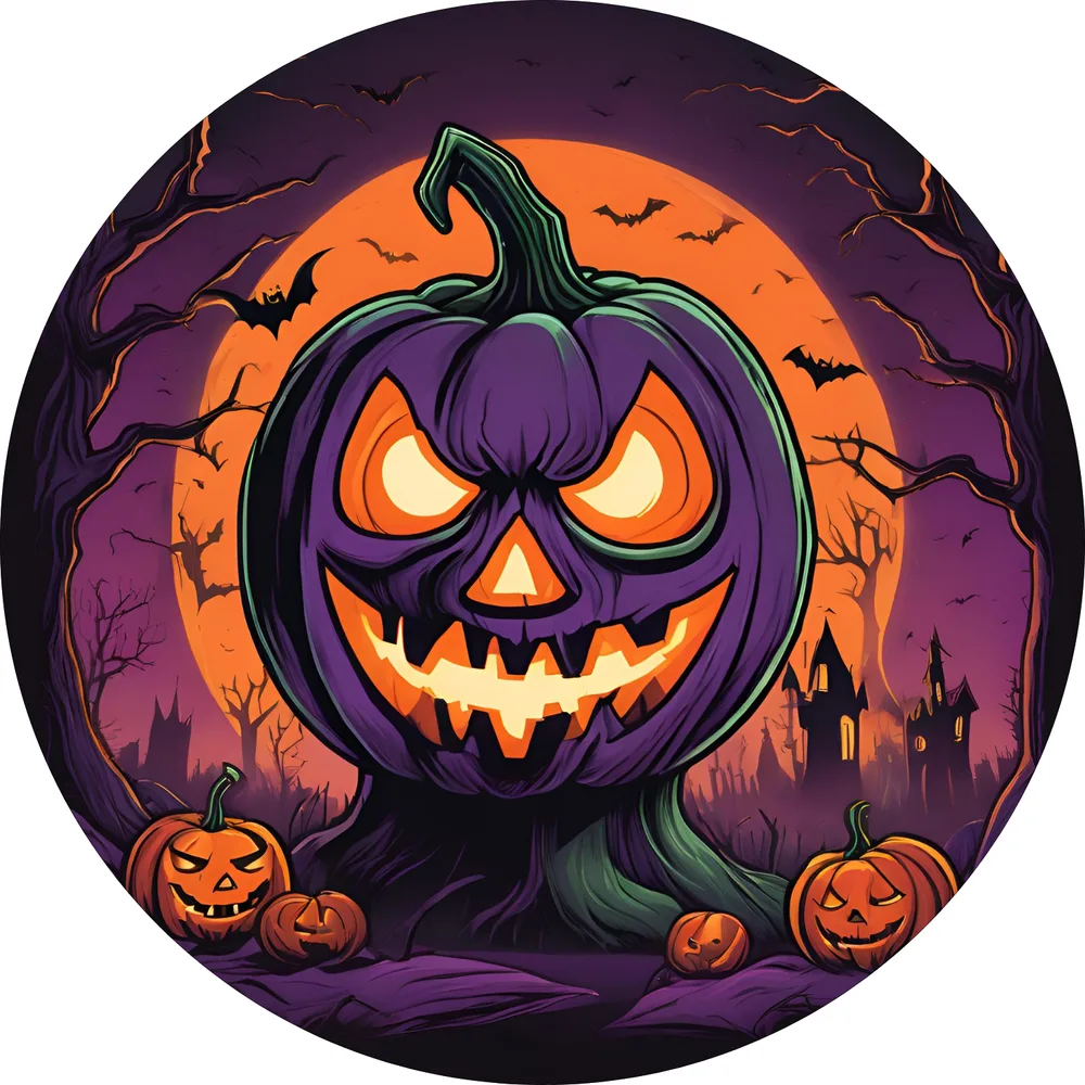 Halloween – Strašidelná fialová dýně s měsícem – jedlý obrázek na dort – jedlý obrázek na dort