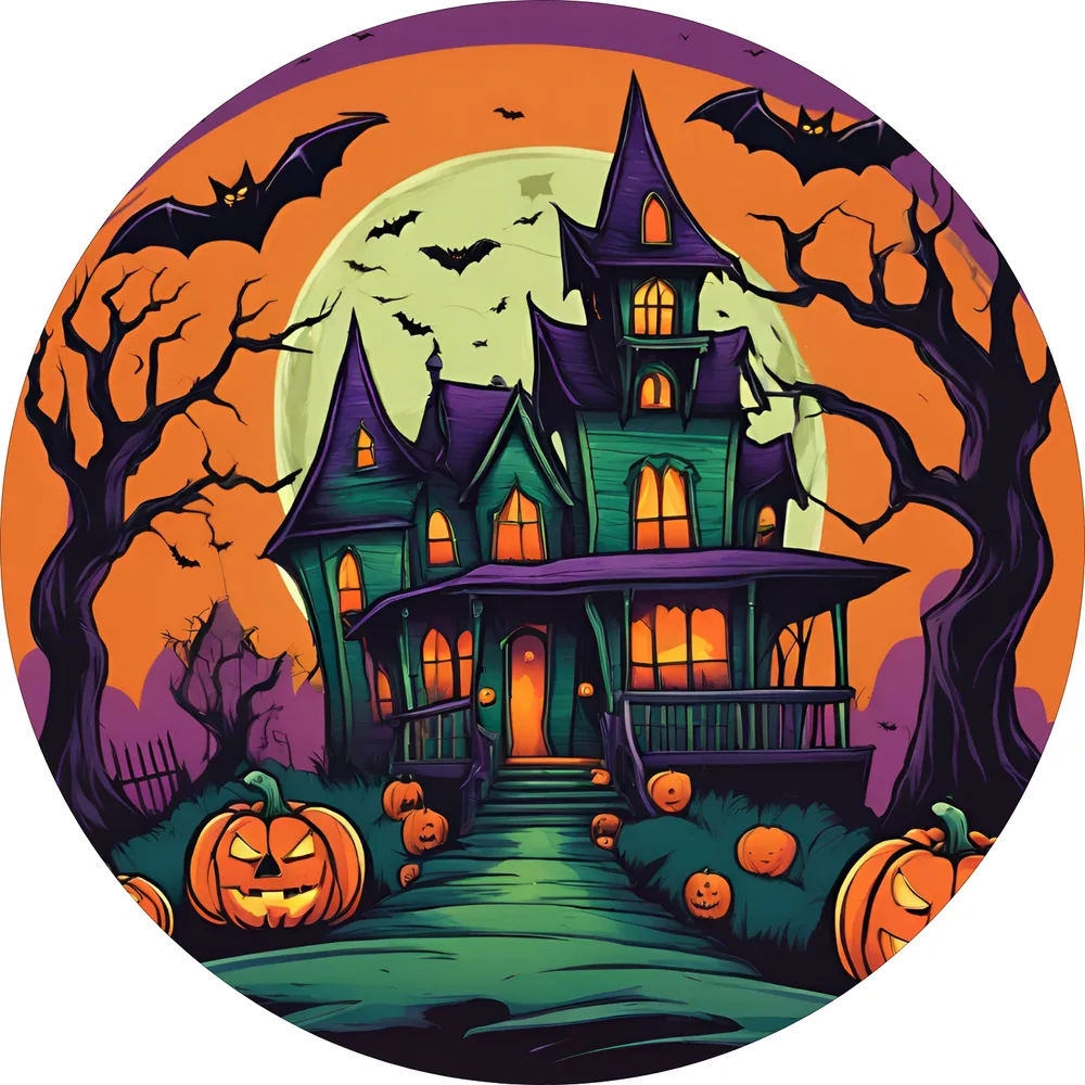 Halloween – Strašidelný dům s dýněmi a netopýry – jedlý obrázek na dort – jedlý obrázek na dort
