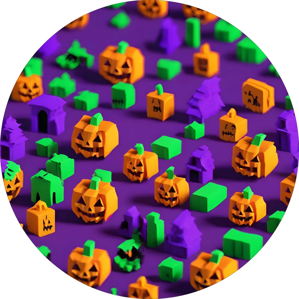 Halloween – kostičkové dýně a domky na fialovém pozadí – jedlý obrázek na dort – jedlý obrázek na dort