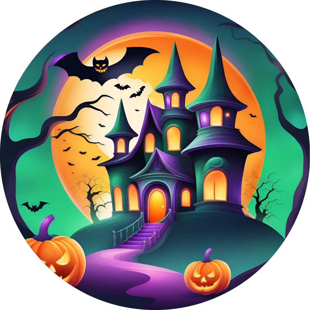 Halloween – strašidelný zámek s dýněmi a netopýry – jedlý obrázek na dort – jedlý obrázek na dort