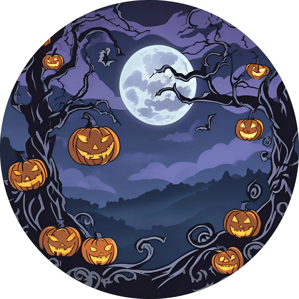 Halloween – strašidelné dýně ve větvích a úplněk – jedlý obrázek na dort – jedlý obrázek na dort