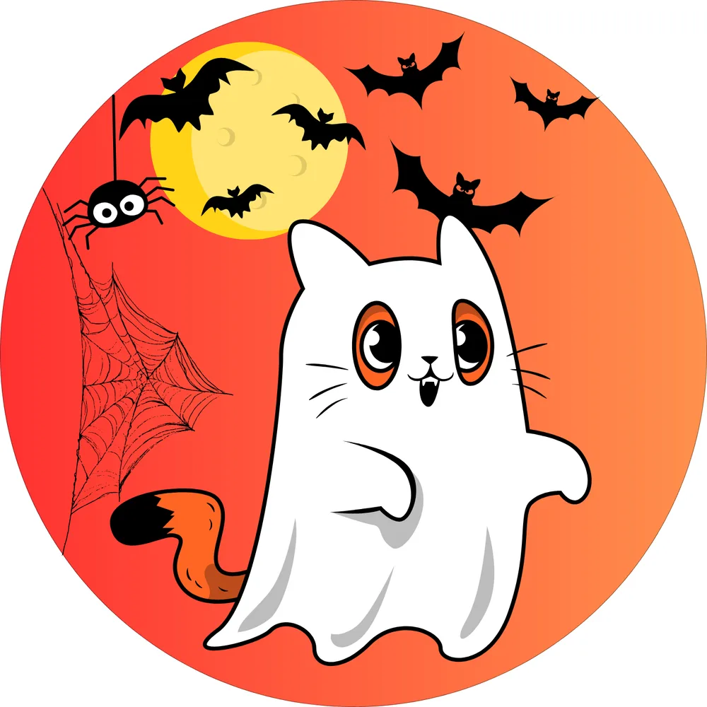 Halloween – Kočičí duch s netopýry a pavoukem – jedlý obrázek na dort – jedlý obrázek na dort