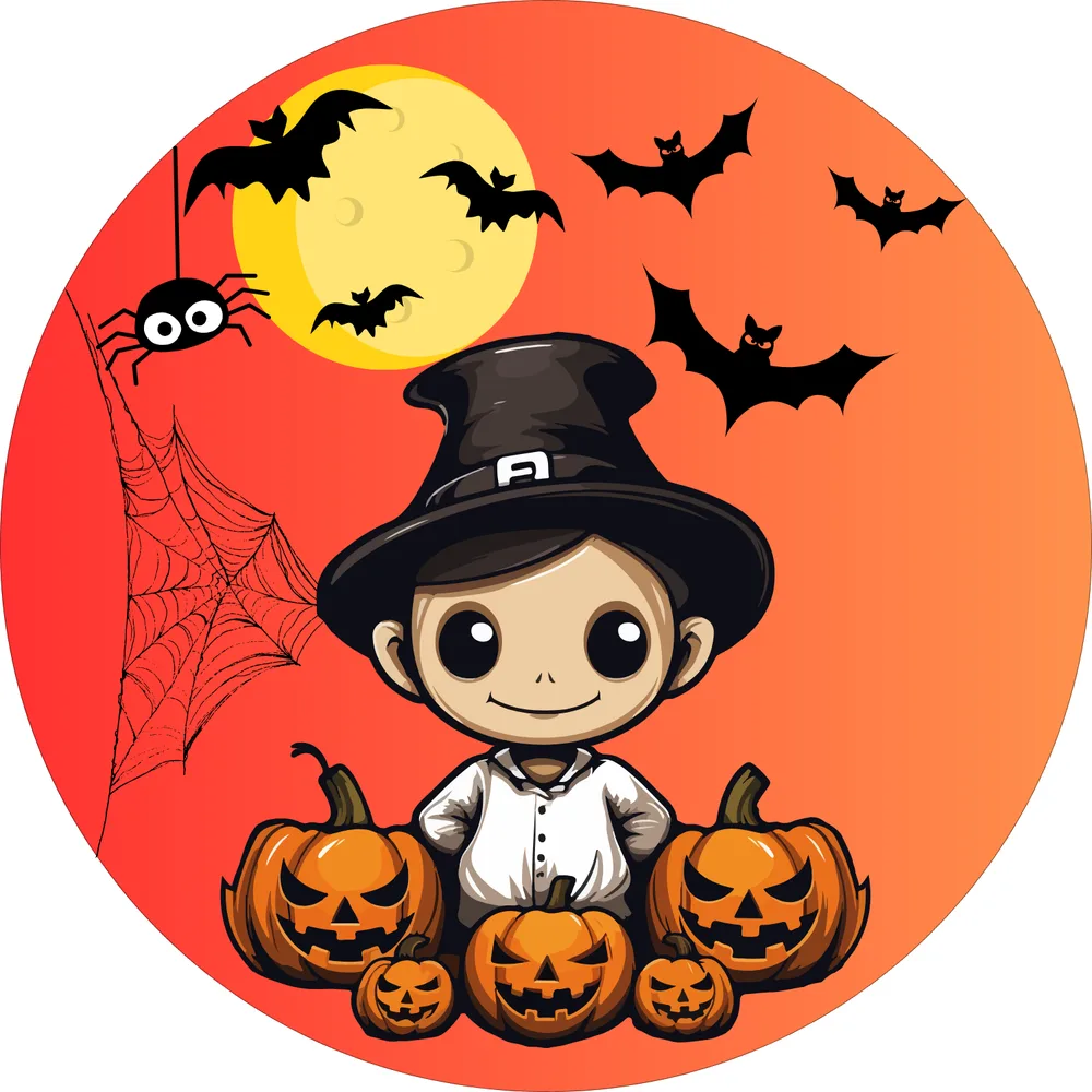 Halloween – malý čaroděj s dýněmi a netopýry – jedlý obrázek na dort – jedlý obrázek na dort
