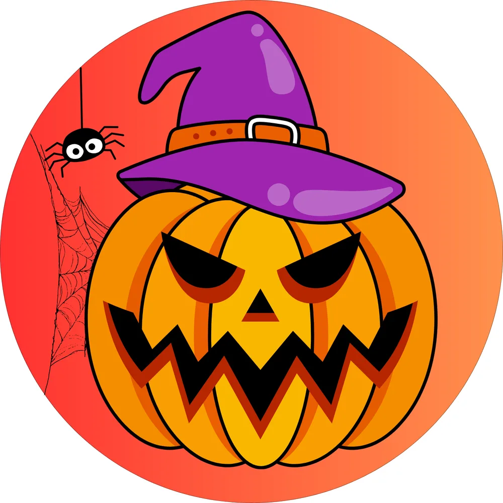 Halloween – dýně s čarodějnickým kloboukem a pavoukem – jedlý obrázek na dort – jedlý obrázek na dort