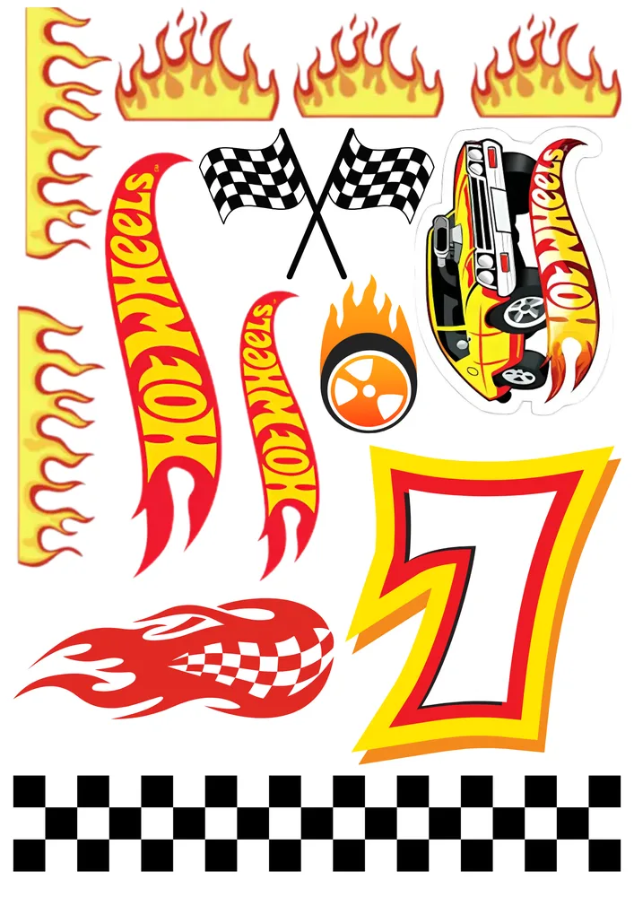 Hot Wheels – závodní auto, číslo 7 a plameny – jedlý papír na hranatý dort – jedlý obrázek na dort