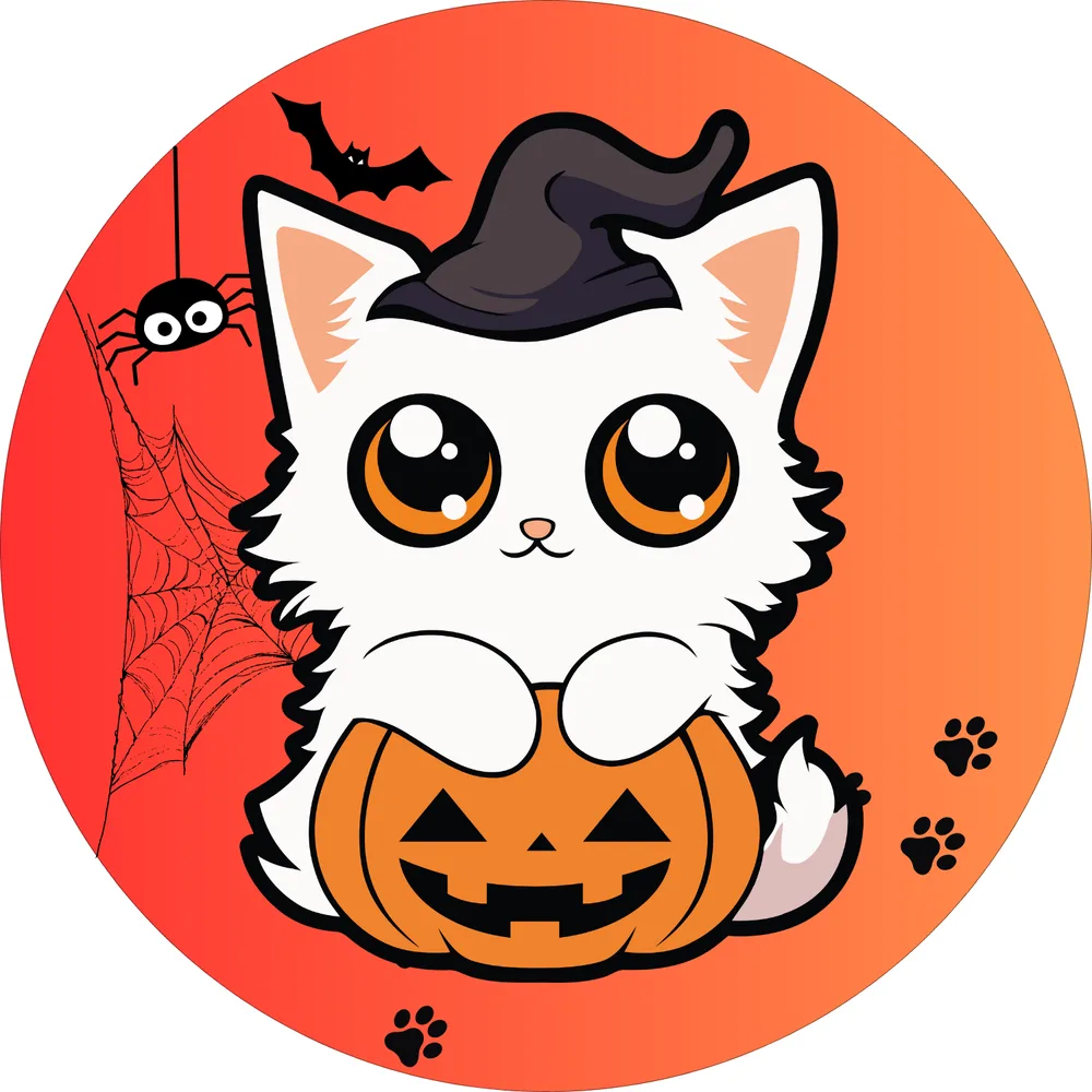 Halloween – Bílé koťátko s čarodějnickým kloboukem a dýní – jedlý obrázek na dort – jedlý obrázek na dort