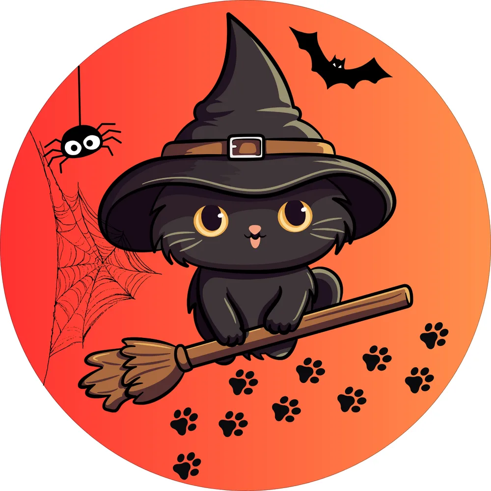 Halloween – černá kočička čarodějka na koštěti – jedlý obrázek na dort – jedlý obrázek na dort