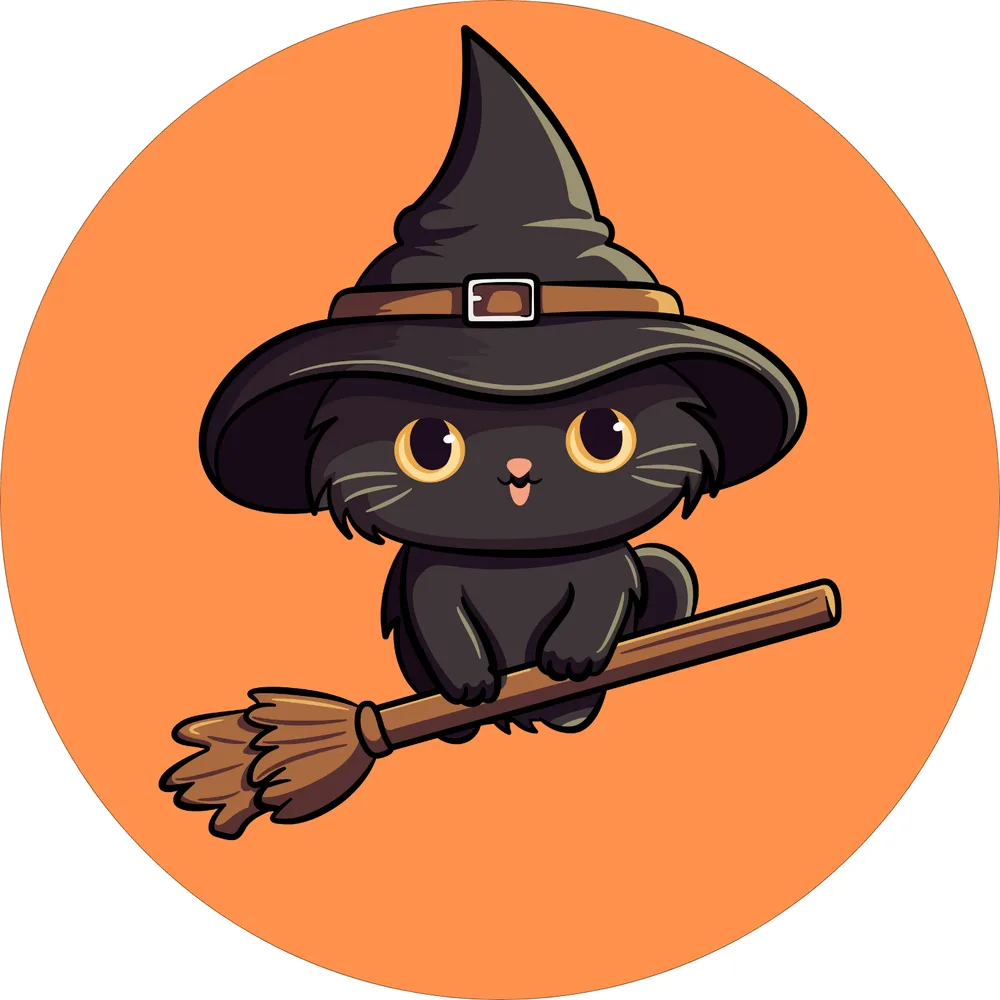 Halloween – Černá kočička na koštěti v čarodějnickém klobouku – jedlý obrázek na dort – jedlý obrázek na dort