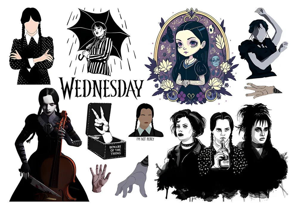 Wednesday – postavy k vystřižení a Věc – jedlý papír na hranatý dort – jedlý obrázek na dort