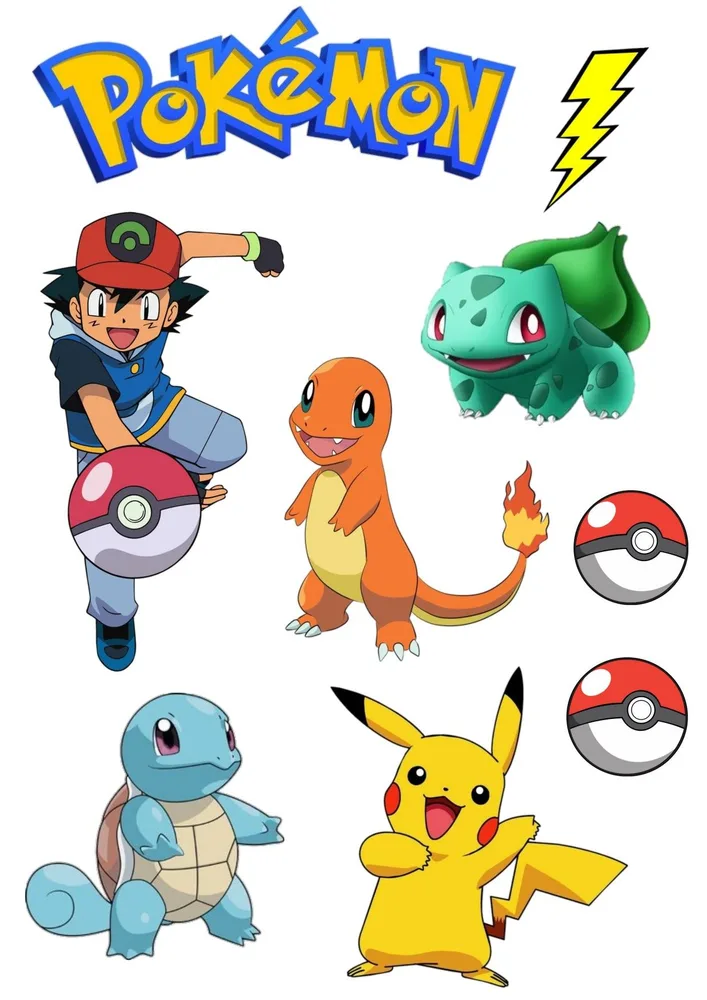 Pokémon – Ash Ketchum, Pikachu a startovní Pokémoni – jedlý papír na hranatý dort – jedlý obrázek na dort