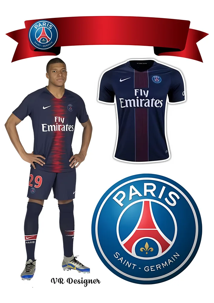 Kylian Mbappé – PSG dres a znak – jedlý papír na hranatý dort – jedlý obrázek na dort
