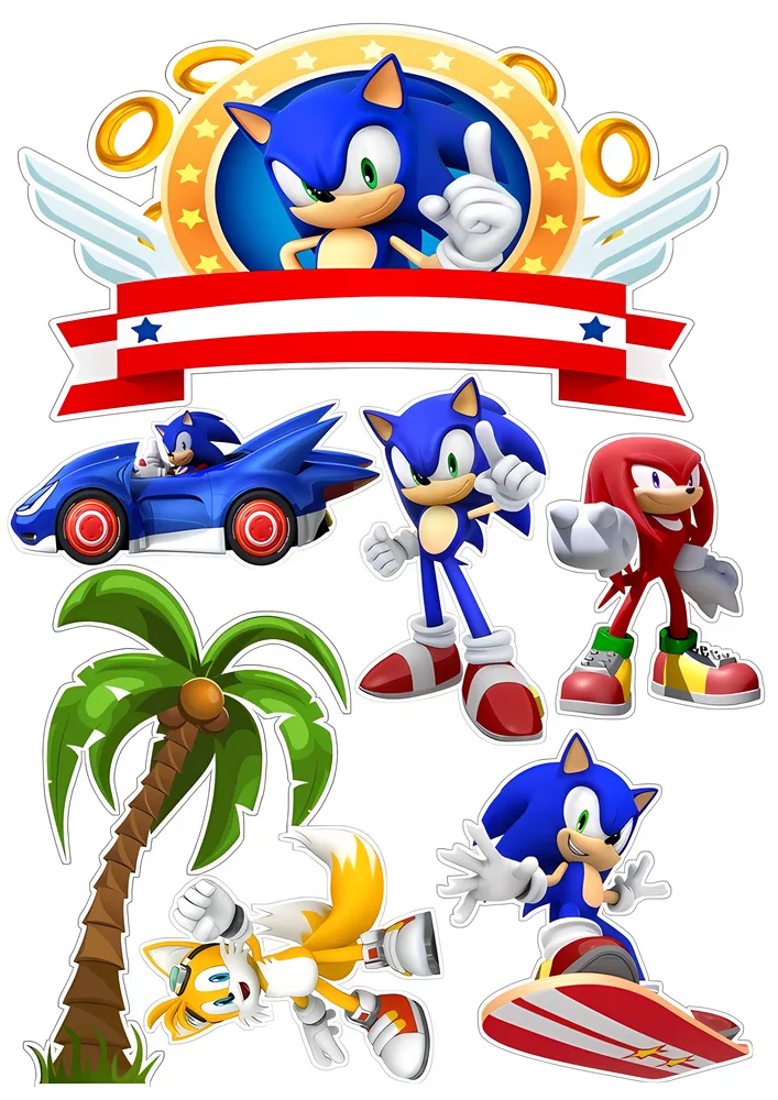 Sonic – ježek Sonic, Tails, Knuckles a auto k vystřižení – jedlý papír na hranatý dort – jedlý obrázek na dort