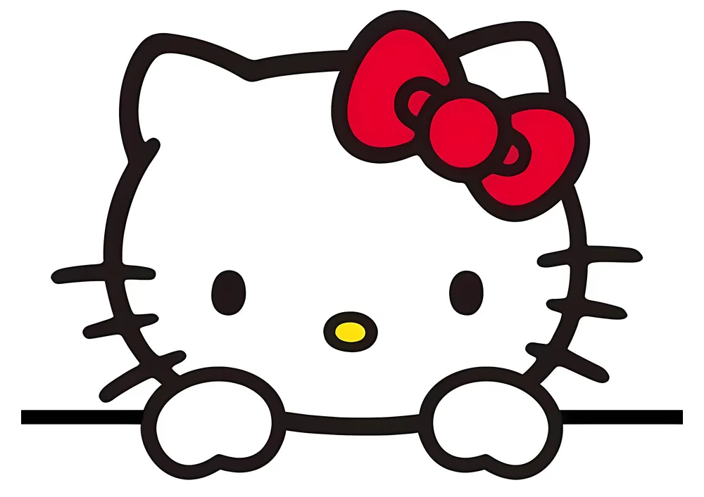Hello Kitty – vykukující kočička s červenou mašlí – jedlý papír na hranatý dort – jedlý obrázek na dort