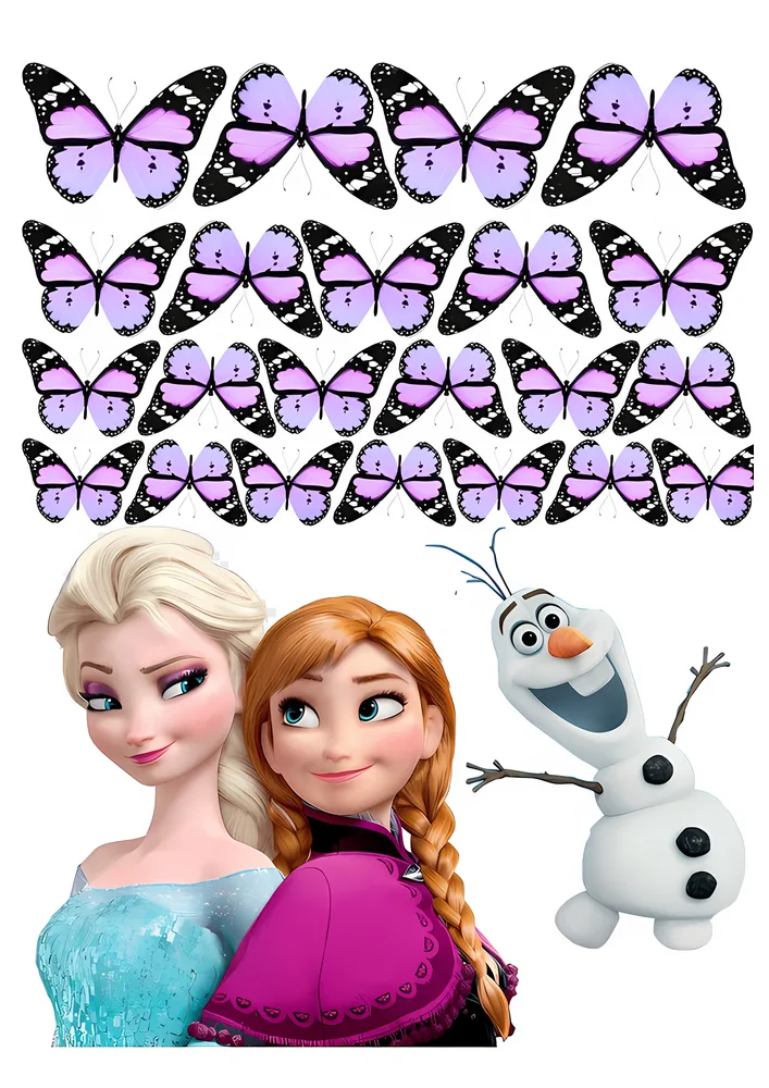 Frozen – Elsa, Anna a Olaf s fialovými motýly – jedlý papír na hranatý dort – jedlý obrázek na dort