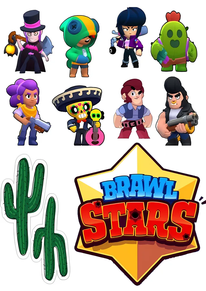 Brawl Stars – hrdinové ze hry a logo – jedlý papír na hranatý dort – jedlý obrázek na dort