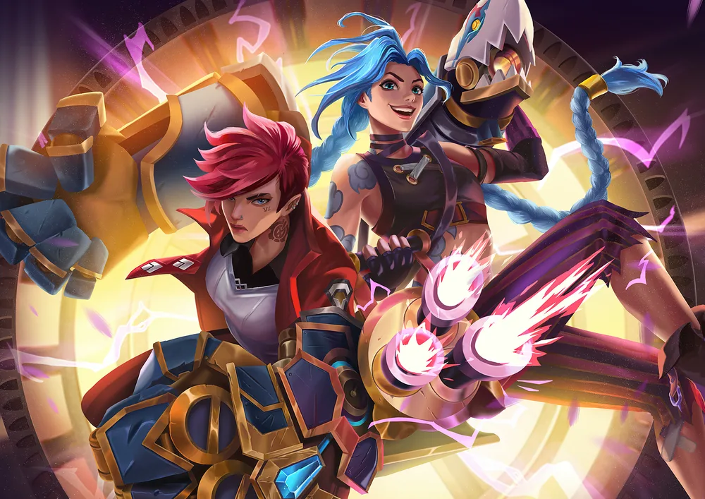 Arcane – Jinx a Vi v bojové póze – jedlý papír na hranatý dort – jedlý obrázek na dort