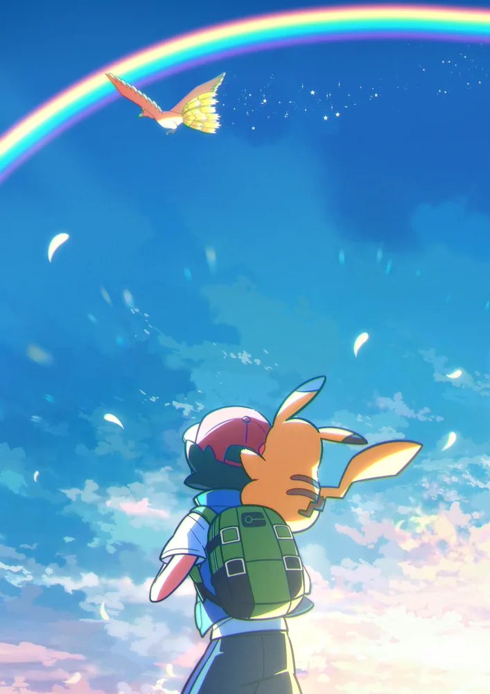 Pokémon – Ash a Pikachu s duhou a Ho-Oh – jedlý papír na hranatý dort – jedlý obrázek na dort