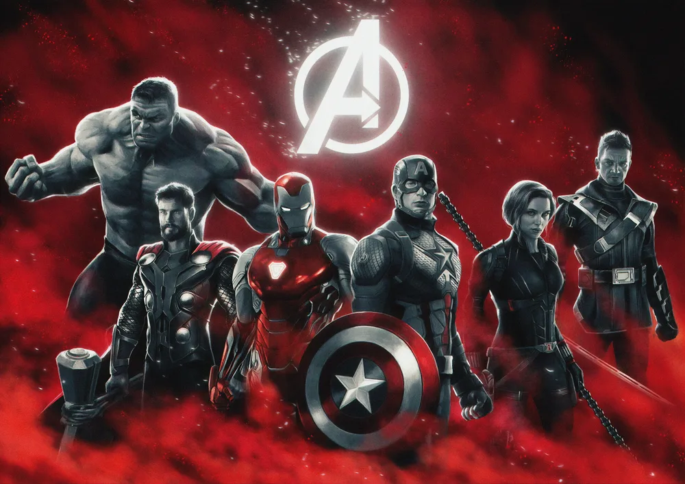 Avengers – superhrdinové s logem na červeném pozadí – jedlý papír na hranatý dort – jedlý obrázek na dort