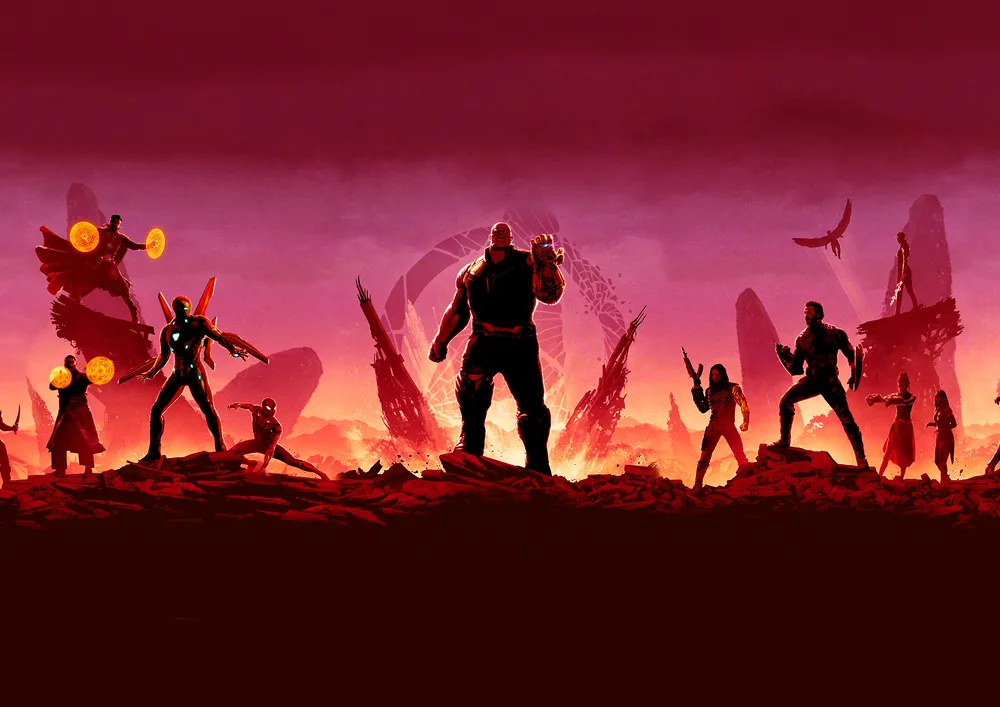 Avengers – Thanos a hrdinové na červeném pozadí – jedlý papír na hranatý dort – jedlý obrázek na dort