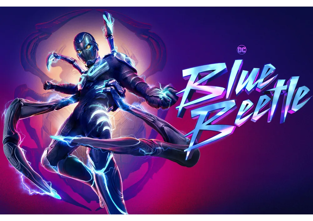 Blue Beetle – superhrdina s nápisem – jedlý papír na hranatý dort – jedlý obrázek na dort