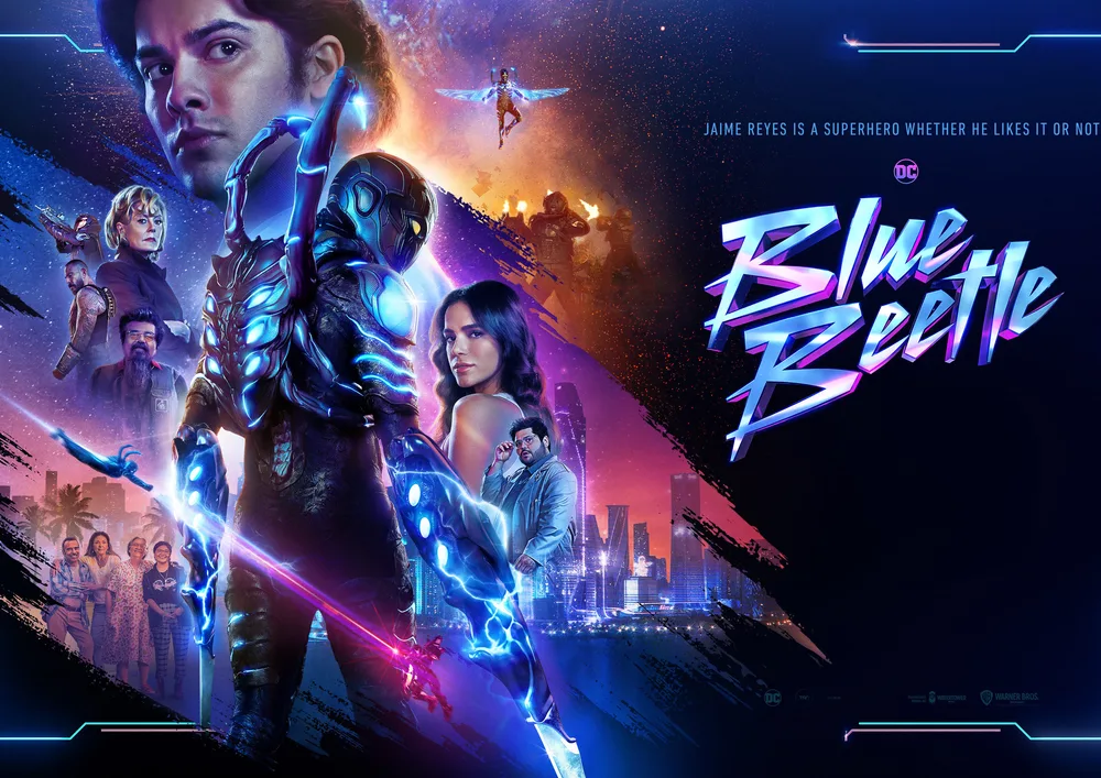 Blue Beetle – Jaime Reyes a filmový plakát – jedlý papír na hranatý dort – jedlý obrázek na dort