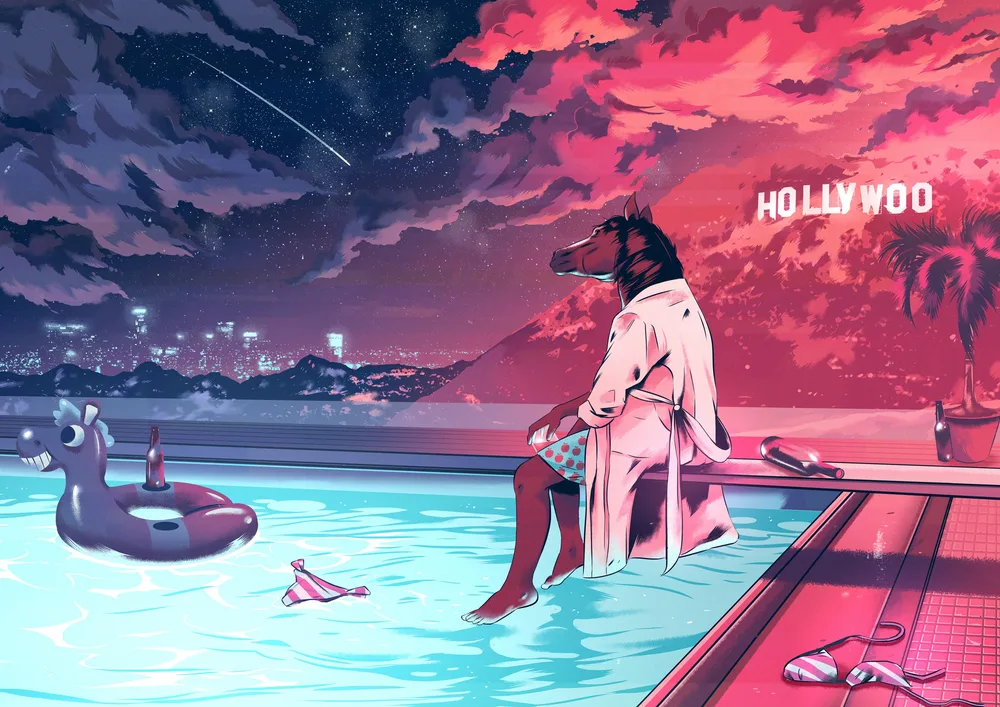 BoJack Horseman – u bazénu s výhledem na Hollywoo – jedlý papír na hranatý dort – jedlý obrázek na dort
