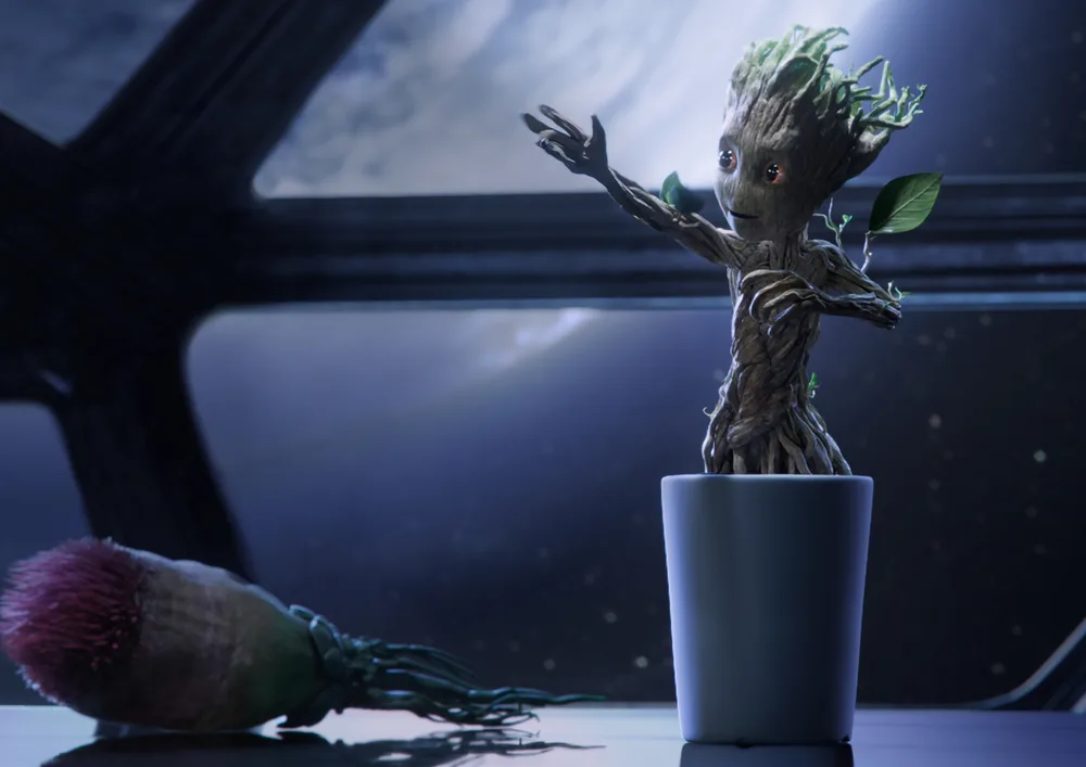 Avengers – Baby Groot v květináči – jedlý papír na hranatý dort – jedlý obrázek na dort
