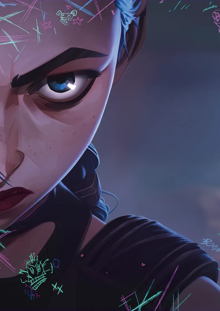 League of Legends – Jinx z Arcane detail tváře – jedlý papír na hranatý dort – jedlý obrázek na dort