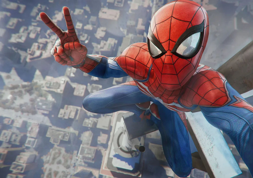 Spiderman – selfie nad městem s gestem míru – jedlý papír na hranatý dort – jedlý obrázek na dort