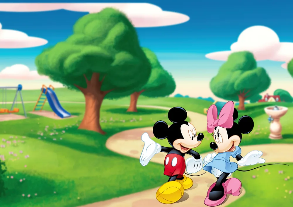 Mickey a Minnie – v parku u hřiště – jedlý papír na hranatý dort – jedlý obrázek na dort