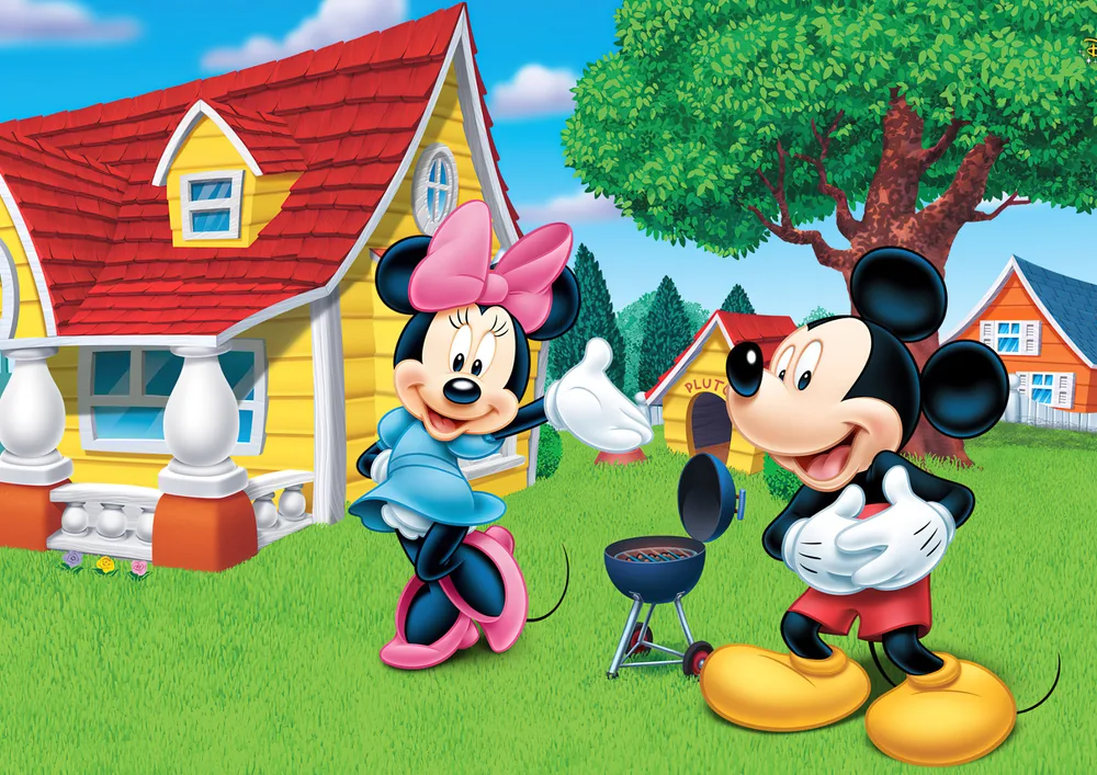 Mickey a Minnie – grilování na zahradě – jedlý papír na hranatý dort – jedlý obrázek na dort